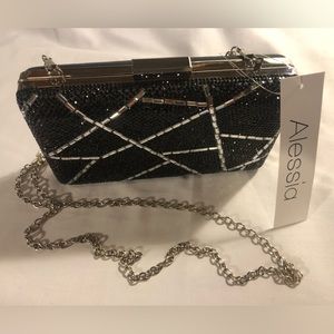 ALESSIA CLUTCH PURSE WITH BLACK AND SILVER BEADING ~ WITH SILVER REMOVABLE CHAIN